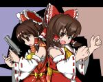  2girls ascot bangs benikurage_(cookie) blush bow brown_eyes brown_hair clenched_hand collared_shirt commentary_request cookie_(touhou) cowboy_shot detached_sleeves dress frilled_bow frilled_hair_tubes frilled_shirt_collar frills gun hair_bow hair_tubes hakurei_reimu handgun holding holding_gun holding_weapon kanna_(cookie) knb_(nicoseiga53198051) long_hair looking_at_viewer multiple_girls open_mouth profile red_bow red_dress red_shirt ribbon-trimmed_sleeves ribbon_trim sarashi shirt short_hair sidelocks sleeveless sleeveless_dress sleeveless_shirt touhou weapon white_sleeves wide_sleeves yellow_ascot 