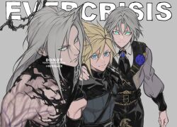 3boys aqua_eyes arm_around_shoulder armor ascot black_ascot black_pants blonde_hair blue_eyes blue_flower blue_rose blue_shirt closed_mouth cloud_strife cloud_strife_(murasame_battle_garb) collared_shirt commentary_request copyright_name corsage cropped_jacket final_fantasy final_fantasy_vii final_fantasy_vii:_ever_crisis flower grey_background grey_hair grey_jacket hair_between_eyes jacket japanese_armor kiki_lala light_smile long_hair looking_at_viewer male_focus multiple_boys official_alternate_costume pants parted_bangs rose sephiroth sephiroth_(dark_attire) sephiroth_(ever_crisis) shirt short_hair slit_pupils spiky_hair time_paradox twitter_username upper_body white_shirt 
