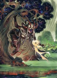  2girls black_hair closed_mouth commentary cyclops dress english_commentary flying highres horns jessica_fong long_hair monster_girl multiple_girls one-eyed original plant short_hair size_difference yellow_dress 