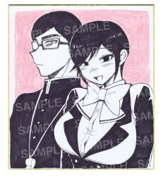  1boy 1girl :d arakure_ojou-sama_wa_monmon_shiteiru bags_under_eyes black_jacket blush border bow bowtie breasts buttons closed_mouth collared_jacket collared_shirt commentary_request dot_nose double-breasted eyelashes gakuran glasses greyscale_with_colored_background highres jacket kinoshita_yuichi kiritsu_tadashi kuchinashi_tsubaki large_breasts light_blush looking_at_viewer looking_to_the_side monochrome official_art opaque_glasses open_mouth outside_border partially_opaque_glasses pink_background pointy_nose rectangular_eyewear sample_watermark sanpaku school_uniform shikishi shirt short_hair smile surprised swept_bangs thick_eyebrows upper_body very_short_hair watermark whistle whistle_around_neck white_border yellow_border 