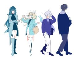 2boys 2girls ahoge alternate_costume alternate_hairstyle aqua_eyes aqua_hair bag black_bag black_dress black_hair black_pants black_shirt black_shoes blonde_hair blue_boots blue_cardigan blue_hair blue_hoodie blue_jacket blue_scarf blush boots breasts bright_pupils brown_bag cardigan clenched_hand closed_eyes closed_mouth collared_shirt colored_eyelashes commentary crossed_arms danica_(genshin_impact) dress eyelashes facing_viewer from_behind full_body genshin_impact grey_hair hair_over_one_eye hair_ribbon hairband hand_in_pocket hand_on_own_head hand_up hands_up high_ponytail highres holding_own_hair hood hoodie jacket lapels large_breasts long_hair long_sleeves looking_at_viewer low-tied_long_hair miniskirt missing_wings mitya_(genshin_impact) mona_myp multicolored_hair multiple_boys multiple_girls one_eye_closed open_mouth pants pointy_ears ponytail puffy_long_sleeves puffy_sleeves purple_shirt ribbon scarf shirt shoes shopping_bag short_hair shoulder_bag simple_background skirt sleeping smile squeans standing streaked_hair thigh_boots turtleneck turtleneck_dress turtleneck_shirt untranslatable_commentary v valeriy_(genshin_impact) very_long_hair vesna_(genshin_impact) walking wavy_hair white_background white_boots white_hairband white_pants white_pupils white_ribbon white_skirt yawning 
