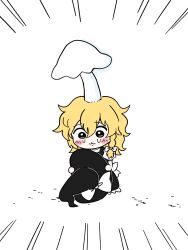  1girl black_hat black_skirt black_vest blonde_hair blush bow braid chibi chibi_only commentary_request crying crying_with_eyes_open hair_bow hat hat_bow highres holding holding_unworn_clothes holding_unworn_hat kirisame_marisa kurachi_mizuki long_hair mushroom side_braid simple_background single_braid skirt solo tears touhou unworn_hat unworn_headwear vest white_background white_bow witch_hat yellow_eyes 