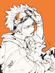  1boy animal animal_on_lap arm_up bakugou_katsuki boku_no_hero_academia commentary_request gloves goggles goggles_on_head greyscale_with_colored_background highres ikapnmn2 jacket lion long_sleeves male_focus on_lap open_mouth orange_background orange_eyes pants protected_link sharp_teeth short_hair signature simple_background sitting solo spiky_hair teeth very_short_hair 