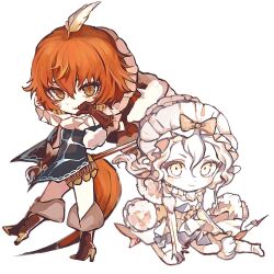  1girl 2girls blonde_hair bow commentary dress elbow_gloves english_commentary frilled_dress frilled_headwear frills gloves hair_ornament holding holding_weapon long_hair magical_girl mahou_shoujo_ikusei_keikaku mahou_shoujo_ikusei_keikaku_limited multiple_girls neck_ruff orange_hair patchwork_clothes pukin rapier short_hair smile sonia_bean sword tuhua1104 weapon white_gloves 