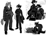  2boys anger_vein animal_ears arknights briefcase brothers capone_(arknights) formal full_body furry gambino_(arknights) glasses hat iwashi_80 kicking multiple_boys siblings simple_background sleeping suit sweater tail white_background wolf_boy wolf_ears wolf_tail 