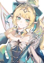 1girl aqua_hair blonde_hair blue_bow blue_cape blue_dress blue_gem blue_sleeves blush bow breasts bright_pupils cape chest_bow closed_mouth collarbone commentary detached_collar detached_sleeves dress drill_hair drill_ponytail drill_sidelocks elbow_gloves eyelashes fairy fairy_wings four-pointed_star fur-trimmed_cape fur_trim gem genshin_impact gloves green_eyes hair_bow hair_ribbon hand_on_own_hip hand_up high_ponytail highres holding holding_wand juliet_sleeves long_hair long_sleeves looking_at_another medium_breasts multicolored_hair pointy_ears ponytail puffy_sleeves r43r6f ribbon sidelocks simple_background single_bare_shoulder single_detached_sleeve smile solo star_(symbol) strapless strapless_dress streaked_hair untranslatable_commentary upper_body very_long_hair vesna_(genshin_impact) wand white_background white_bow white_gloves white_pupils white_ribbon wide_sleeves wings 