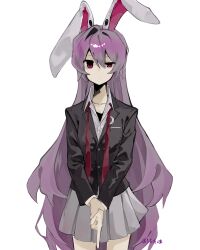  1girl animal_ears artist_name black_jacket closed_mouth collarbone commentary cowboy_shot crescent dot_nose double-parted_bangs expressionless finger_gun grey_skirt hair_between_eyes highres jacket long_hair long_sleeves looking_at_viewer necktie open_collar pleated_skirt purple_hair rabbit_ears rabbit_girl red_necktie reisen_udongein_inaba shirt simple_background skirt solo standing touhou undone_necktie uneven_eyes uro-hito very_long_hair white_background white_shirt 