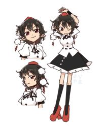  1girl ;) arms_up artist_name black_hair black_ribbon black_skirt black_socks breasts buttons closed_mouth commentary cropped_torso dot_nose frilled_skirt frills full_body geta hat highres long_legs looking_at_viewer medium_breasts multiple_views neck_ribbon one_eye_closed pointy_ears pom_pom_(clothes) puffy_short_sleeves puffy_sleeves red_eyes red_hat red_shoes ribbon shameimaru_aya shirt shoes short_hair short_sleeves simple_background skirt smile socks solo_focus tengu-geta tokin_hat touhou upper_body v-shaped_eyebrows white_background white_shirt wristband yoiy_san 