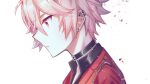  1boy afterl!fe choker ear_piercing earrings facing_to_the_side highres hwaen jacket jewelry looking_down male_focus piercing pink_eyes pink_hair profile short_hair sian_(afterl!fe) solo white_background 
