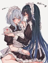  2girls alternate_costume apron artist_name back_bow black_dress blue_hair blush bow buttons cake cake_slice closed_eyes collared_dress dress english_commentary enmaided feeding feet_out_of_frame fins food frilled_apron frilled_dress frills from_behind fruit genshin_impact gradient_hair green_hair hair_between_eyes hair_bun hands_up head_fins heart highres holding holding_plate holding_spoon icing juliet_sleeves long_hair long_sleeves looking_afar maid maid_apron maid_headdress menaeru0 multicolored_hair multiple_girls odette_(genshin_impact) open_mouth plate puffy_short_sleeves puffy_sleeves short_hair short_sleeves shy sidelocks simple_background sitting sitting_on_lap sitting_on_person smile spoon strawberry very_long_hair violet_eyes vodyanitsa_(genshin_impact) white_apron white_background white_bow wrist_cuffs yuri 
