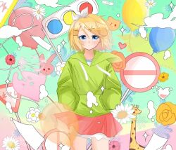  1girl balloon blue_eyes blueberry_hedy blush bow bow_hairband collarbone commentary cowboy_shot drawstring green_background green_hoodie hair_between_eyes hair_ornament hairband hairclip hands_in_pockets highres hood hood_down hoodie kagamine_rin long_sleeves looking_at_viewer medium_hair melancholic_(vocaloid) miniskirt parallel_hairclips parted_bangs pink_skirt road_sign sidelocks sign skirt solo standing thighs traffic_light untranslatable_commentary vocaloid white_bow white_hairband 