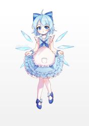  1girl absurdres alternate_costume apron blue_bow blue_choker blue_dress blue_eyes blue_hair blue_neckerchief blue_shoes blue_wrist_cuffs blush bow chinese_commentary choker cirno commentary_request detached_wings dress footwear_bow full_body gradient_background grey_background hair_bow highres ice ice_wings lbcirno9 looking_at_viewer neckerchief pantyhose shoes solo touhou waist_apron white_apron white_pantyhose wings wrist_cuffs 
