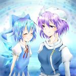 2girls ayukazu bangs blue_bow blue_hair bow cirno closed_eyes closed_mouth hair_bow ice ice_wings juliet_sleeves letty_whiterock long_sleeves looking_at_viewer multiple_girls polearm puffy_sleeves purple_hair scarf short_hair short_sleeves smile snowflakes touhou trident upper_body violet_eyes weapon white_headwear white_scarf wings 