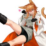  1girl animal_ear_fluff animal_ears bangs belt black_shorts boots breasts brown_hair cat_ears cat_girl cat_tail character_request coat copyright_request fang feet_out_of_frame glasses green_eyes grey_jacket heart highres hooded_coat huge_0330 jacket long_hair long_sleeves looking_at_viewer medium_breasts open_mouth paw_pose shorts simple_background smile solo tail white_background white_coat wide_sleeves 