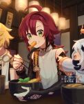  1girl 2boys aether_(genshin_impact) ahoge aiguillette angry armor artist_name bangs bare_shoulders black_choker black_hair blonde_hair blush bowl choker chopsticks collared_shirt commentary_request earrings eating food food_in_mouth food_on_face genshin_impact gold_trim green_eyes hair_between_eyes halo hand_up holding holding_chopsticks indoors japanese_armor japanese_clothes jewelry kote kurokote lantern leaf long_sleeves looking_at_another low_ponytail mole mole_under_eye mouth_hold multicolored_hair multiple_boys multiple_moles open_mouth paimon_(genshin_impact) paper_lantern pointing pointing_at_another ponytail profile redhead scarf shikanoin_heizou shirt sidelocks sitting sleeveless sleeveless_shirt streaked_hair table tamakibi tempura twitter_username watermark white_hair white_scarf white_shirt wide_sleeves 