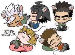  5boys akihiro_altland animal_ears black_hair blonde_hair blue_tank_top brown_hair chibi chibi_only closed_eyes commentary_request crossed_arms drooling eugene_sevenstark full_body green_jacket grey_pants gundam gundam_tekketsu_no_orphans jacket lying male_focus mayuki_(ubiquitous) mikazuki_augus mouse_ears mouse_tail mouth_drool multiple_boys norba_shino on_back on_stomach orange_tank_top orga_itsuka pants short_hair sitting sleeping tail tank_top white_hair 