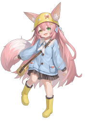  1girl :d absurdres animal_ear_fluff animal_ears bag black_skirt blue_bow blue_cardigan blush boots bow candy cardigan child chinese_commentary commentary_request ears_through_headwear eyebrows_hidden_by_hair fang fengxue food fox_ears fox_girl fox_tail full_body green_eyes hair_between_eyes hair_bow hair_ornament handbag happy hat heterochromia highres holding holding_candy holding_food holding_lollipop kindergarten_uniform lollipop long_hair looking_at_viewer miniskirt mole mole_under_each_eye mole_under_eye multiple_moles neckerchief open_mouth original pink_bow pink_hair pleated_skirt school_hat short_eyebrows sidelocks simple_background skin_fang skirt sleeves_past_wrists smile solo standing standing_on_one_leg tail tareme thick_eyebrows two_side_up very_long_hair white_background white_neckerchief x_hair_ornament yellow_boots yellow_eyes yellow_hat 