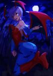  1girl ass blue_hair boots demon_girl demon_wings floating full_body head_wings highres leotard lilith_aensland looking_at_viewer looking_back nasubin_(nasubisamurai15) purple_hair red_eyes red_footwear short_hair solo vampire_(game) wings 