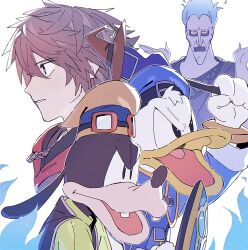  4boys ancient_greek_clothes attakaimizu7619 bags_under_eyes black_vest blue_coat blue_fire blue_hat brown_hair coat colored_sclera colored_skin commentary_request crown_necklace dog_boy donald_duck duck_boy fiery_hair fighting_stance fire furrowed_brow furry furry_male goggles goggles_on_headwear goofy greco-roman_clothes green_sweater grey_skin hades_(disney) hair_between_eyes hat hercules_(1997_movie) highres holding holding_shield holding_staff kingdom_hearts kingdom_hearts_iv male_focus multiple_boys no_eyebrows open_mouth parted_lips sharp_teeth shield short_hair sora_(kingdom_hearts) staff sweater teeth upper_body vest white_background yellow_hat yellow_sclera 