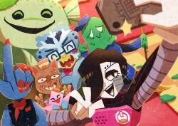  3boys 4others absurdres androgynous animal_ears arm_up black-framed_eyewear black_eyes black_hair blue_hat blue_skin blush burgerpants cellphone closed_eyes closed_mouth colored_skin commentary_request diamond_receptionist double_v fish_receptionist glasses hair_over_one_eye hand_receptionist hat highres humanoid_robot long_sleeves mettaton mettaton_ex multiple_boys multiple_others open_mouth phone rectangular_eyewear robot selfie slime_(substance) slime_janitor smartphone smile snowdrake's_father sweat teeth tongue undertale upper_teeth_only utdr_(toby_fox) v watawata22 