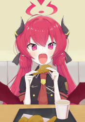  1girl :d absurdres ahoge black_bow black_horns black_shirt blue_archive blush bow commentary_request cup demon_girl demon_horns demon_wings disposable_cup food hair_bow halo hands_up happy highres holding holding_food horns indoors junko_(blue_archive) kimagurain looking_at_viewer low_wings necktie open_mouth pointy_ears red_eyes red_hair red_halo red_necktie school_uniform shirt short_sleeves sitting slit_pupils smile solo straight-on upper_body wings 