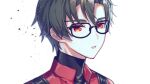  1boy afterl!fe black_hair cyrille_(afterl!fe) facing_away glasses highres hwaen looking_at_viewer male_focus parted_lips red_eyes short_hair solo teeth turtleneck white_background 