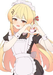  1girl absurdres apron back_bow black_dress blonde_hair bow commentary_request cowboy_shot double-parted_bangs dress embarrassed enmaided flat_chest frilled_apron frills hair_ornament hair_ribbon hands_up heart heart_hands highres hololive hololive_dev_is light_blush long_hair maid maid_apron maid_headdress medium_sidelocks mosi1222ss musical_note musical_note_hair_ornament open_mouth orange_eyes otonose_kanade puffy_short_sleeves puffy_sleeves ribbon short_sleeves simple_background solo sweat virtual_youtuber wavy_mouth white_apron white_background wrist_cuffs 