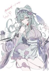  1girl apron artist_name asagi_yue back_bow black_bow black_sash blue_bow blue_hair blue_hairband bottle bow bow_hairband breasts closed_mouth cloud_hair_ornament cloud_print commentary_request cowboy_shot earrings fingernails floating_hair flower_earrings frilled_apron frilled_hairband frilled_kimono frills gem genshin_impact hair_between_eyes hair_ornament hairband hand_fan hands_up highres holding holding_fan holding_tray japanese_clothes jewelry kimono long_hair long_sleeves looking_at_another medium_breasts nihongami one_eye_closed pink_kimono pink_sleeves pointy_ears purple_bow purple_gem sash sidelocks simple_background sleeveless sleeveless_kimono smile solo standing standing_on_one_leg tray unfinished very_long_hair violet_eyes vision_(genshin_impact) waist_apron white_apron white_background wide_sleeves yumemizuki_mizuki 