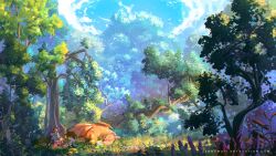  1boy 1girl absurdly_detailed_composition absurdres against_tree artist_name artstation_username blue_sky charizard clouds cloudy_sky curled_up flower forest highres jenny_mati laughing lying_on_lap lying_on_person nature original outdoors poke_ball pokemon pokemon_(creature) shout_lines sky sleeping smile sunlight togepi tree tree_shade 