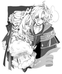  1boy 1girl ahoge anastasya_feodorovna_snezhnaya artist_name ascot bare_shoulders blank_speech_bubble bow braid braided_bun buttons closed_mouth collared_jacket collared_shirt commentary earrings elbow_gloves english_commentary eyelashes four-pointed_star from_side fur-trimmed_robe fur_trim gem genshin_impact gloves greyscale hair_between_eyes hair_bow hair_bun hand_up highres holding_hands jacket jewelry kokoshnik lapels long_hair_between_eyes looking_at_another looking_down mitya_(genshin_impact) mona_myp monochrome open_clothes open_jacket open_mouth outside_border pointy_ears popped_collar robe royal_robe shirt short_hair short_hair_with_long_locks sidelocks simple_background smile speech_bubble star_(symbol) star_earrings talking tassel teeth upper_body vest wavy_hair 
