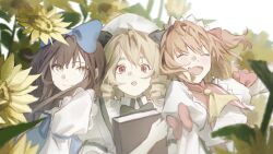  3girls :d blond_bookstore_kid blue_bow book bow brown_hair closed_eyes commentary dress drill_hair english_commentary flower hair_bow highres holding holding_book long_hair looking_at_viewer luna_child multiple_girls orange_hair red_eyes rumindo smile star_sapphire sunflower sunny_milk touhou white_dress 
