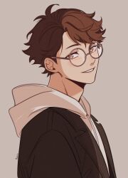  1boy absurdres bespectacled black_jacket brown_eyes brown_hair commentary drawstring english_commentary from_side glasses grey_background haikyuu!! highres hood hood_down hoodie jacket jacket_over_hoodie light_blush looking_at_viewer looking_to_the_side male_focus oikawa_tooru_(haikyuu!!) round_eyewear short_hair simple_background solo white_hoodie yokomiro_chan 