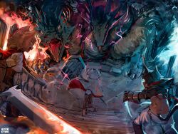  3girls alterkyon animal_ears battle black_hair blonde_hair cat_girl cats_&amp;_crypts cloak dagger dark-skinned_female dark_skin fire giant giant_monster hammer highres holding holding_weapon hydra ice knife monster multiple_girls multiple_heads natasha_(cats_&amp;_crypts) original rabbit_ears rabbit_girl rabbit_tail sword tail vira_(alterkyon) weapon white_cloak white_hair 