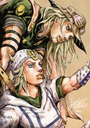  2boys absurdres araki_hirohiko_(style) arm_warmers beanie blonde_hair blue_eyes brown_hat cape commentary_request cowboy_hat goggles goggles_on_headwear green_eyes green_shirt gyro_zeppeli hat highres hood hood_down hoodie horseshoe_hat_ornament horseshoe_ornament johnny_joestar jojo_no_kimyou_na_bouken kaib0y long_hair medium_hair multiple_boys orange_lips shirt short_sleeves simple_background star_(symbol) steel_ball_run teeth twitter_username upper_body watermark white_arm_warmers white_hoodie 