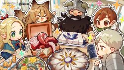  2girls 3boys absurdres animal_ears arknights beard ceobe_(arknights) cheering chibi chibi_only chilchuck_tims copyright_logo copyright_name crossover dog_ears dog_girl dog_tail dungeon_meshi elf facial_hair fake_horns food fruit helmet highres horned_helmet horns laios_touden lemon lemon_slice logo marcille_donato mebaru multiple_boys multiple_girls nori_(seaweed) official_art pointy_ears raised_eyebrows seaborn_(arknights) seafood seashell senshi_(dungeon_meshi) shell shout_lines soup star_(symbol) sweatdrop tail tentacles treasure_chest 