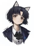  1girl alternate_costume alternate_hairstyle animal_ear_fluff animal_ears arknights bangs black_bow black_hair black_jacket blush bow brown_eyes buttons character_name closed_mouth collared_shirt dog_ears facial_mark forehead_mark franlol grey_shirt highres jacket looking_at_viewer open_clothes open_jacket parted_bangs portrait saga_(arknights) shirt short_hair simple_background solo white_background 