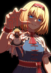  2girls absurdres alice_margatroid apron back_bow black_skirt black_vest blonde_hair blue_dress blue_eyes blush bow braid breasts capelet chinese_commentary commentary_request dress frilled_hairband frills grin hair_bow hairband highres kirisame_marisa long_hair mini_person minigirl missing_headwear multiple_girls piaoluo_de_ying_huaban puffy_short_sleeves puffy_sleeves puppet_strings red_hairband red_sash sash short_sleeves side_braid single_braid skirt small_breasts smile touhou vest waist_apron waist_sash white_apron white_bow white_capelet yellow_eyes 