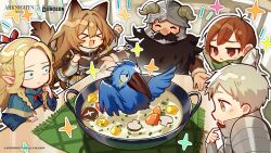  >3< 1other 2girls 3boys absurdres animal_ears arknights beard bird carrot ceobe_(arknights) cheering chibi chibi_only chilchuck_tims commentary_request constricted_pupils copyright_logo copyright_name crossover dog_ears dog_girl dungeon_meshi elf eye_twitch facial_hair fake_horns food helmet high_priest_(arknights) highres horned_headwear horned_helmet horns laios_touden logo marcille_donato mebaru multiple_boys multiple_girls mushroom official_art parrot partially_submerged pointy_ears potato raised_inner_eyebrows senshi_(dungeon_meshi) shout_lines soup star_(symbol) sweatdrop wok 