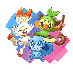  absurdres arm_up black_eyes blue_eyes bright_pupils closed_mouth commentary_request full_body grookey highres holding holding_stick kico_(iskico) no_humans nostrils open_mouth pokemon pokemon_(creature) scorbunny smile sobble starter_pokemon_trio stick white_pupils 
