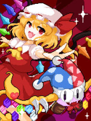  1girl ascot blonde_hair blush brown_shoes collared_shirt colored_skin commentary_request crossover crystal crystal_wings fang fangs flandre_scarlet frilled_shirt_collar frills gozen_0416 hat hat_ribbon highres kirby_(series) looking_at_viewer marx_(kirby) marx_(true_form)_(kirby) mob_cap multicolored_wings one_side_up open_mouth pink_skin pixel_art puffy_short_sleeves puffy_sleeves red_eyes red_skirt red_vest ribbon shirt shoes short_sleeves skin_fang skin_fangs skirt skirt_set smile touhou vest white_hat white_shirt wings yellow_ascot 
