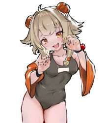  1girl :d absurdres black_bodysuit black_nails blonde_hair blush bodysuit bracelet breasts claw_pose commentary_request detached_sleeves double-parted_bangs double_bun grin hair_bun hands_up highres jewelry looking_at_viewer messy_hair orange_eyes orange_sleeves orblack original small_breasts smile solo swept_bangs teeth upper_teeth_only wide_sleeves 