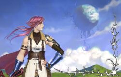  1girl absurdres armband armor belt black_armband breasts brown_belt brown_vest closed_mouth commentary english_commentary final_fantasy final_fantasy_xiii fingerless_gloves gloves gunblade hand_on_own_hip highres holding holding_weapon keguppi lightning_farron long_hair medium_breasts outdoors pauldrons pink_hair profile shoulder_armor single_bare_shoulder single_pauldron solo suspenders veil vest weapon white_veil 