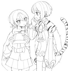  2girls blunt_bangs bow cape commentary_request deerstalker detached_sleeves detec_bell detective earrings fur_cape gem hat highres holding holding_unworn_clothes holding_unworn_hat jewelry lapis_lazuline looking_at_another magical_girl mahou_shoujo_ikusei_keikaku mahou_shoujo_ikusei_keikaku_restart multiple_girls open_mouth pleated_skirt short_hair skirt star_(symbol) star_ornament star_print tail talking thigh-highs unworn_hat unworn_headwear white_background zzz_neruko 