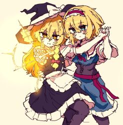  2girls alice_margatroid apron attacking_viewer black_hat black_pantyhose black_skirt black_vest blonde_hair blue_dress blue_eyes bow braid capelet closed_mouth dress frilled_hairband frilled_skirt frills hair_bow hairband hat hat_bow highres holding_hands kirisame_marisa long_hair mini-hakkero multiple_girls pantyhose rampa93 red_bow red_hairband red_sash sash side_braid simple_background single_braid skirt smile spot_color touhou vest waist_apron waist_sash white_apron white_bow white_capelet witch_hat yellow_background yellow_eyes yuri 