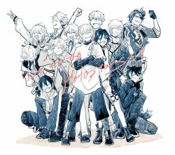  6+boys :d ^_^ animal_ears ankle_boots antenna_hair aragami_oga aragami_oga_(1st_costume) arm_up arurandeisu arurandeisu_(1st_costume) astel_leda astel_leda_(1st_costume) boots capri_pants choker clenched_hand closed_eyes closed_mouth coat collar collared_shirt commentary curtained_hair demon_horns earrings everyone eyepatch facing_viewer flower full_body fur-trimmed_coat fur_trim glasses gloves greyscale group_picture hair_between_eyes hair_flower hair_ornament hair_over_one_eye hairclip half_updo hanasaki_miyabi hanasaki_miyabi_(1st_costume) hand_on_another's_shoulder highres hitodama holostars hood hood_down hoodie horns jackal_boy jackal_ears jackal_tail jewelry kageyama_shien kageyama_shien_(1st_costume) kanade_izuru kanade_izuru_(1st_costume) kishido_temma lace-up_boots layered_sleeves legs_apart lightning_bolt_hair_ornament lightning_bolt_symbol long_hair long_sleeves low-tied_long_hair male_focus medium_hair minase_rio minase_rio_(1st_costume) mole mole_under_eye monochrome multicolored_hair multiple_boys necklace necktie o-ring o-ring_thigh_strap on_one_knee open_mouth oru_orum pants partially_fingerless_gloves partially_unbuttoned profile quilted_jacket rikka_(1st_costume)_(holostars) rikka_(holostars) salute shirt shoes short_hair short_over_long_sleeves short_shorts short_sleeves shorts side_part simple_background single_horn smile song_name spiked_collar spikes spot_color squatting standing streaked_hair tail thigh_strap turtleneck turtleneck_shirt two-tone_hair untranslatable_commentary upper_body utsugi_uyu utsugi_uyu_(1st_costume) v vest virtual_youtuber white_background yatogami_fuma yatogami_fuma_(1st_costume) yukoku_roberu yukoku_roberu_(1st_costume) 