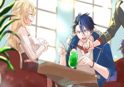  2boys 2girls aaron_wei absurdres agnes_claudel armchair awkward belt black_hair black_jacket blonde_hair blue_coat blue_eyes blue_hair bracelet breasts brown_belt brown_bracelet chair cherry coat coffee_mug commentary_request constricted_pupils cup day double-parted_bangs eastern_dragon_print eiyuu_densetsu feri_al-fayed food fruit fur-trimmed_collar fur_trim green_hairband hair_between_eyes hairband half_updo highres holding holding_cup holding_food holding_fruit holding_spoon ice_cream indoors jacket jewelry kai_no_kiseki kuro_no_kiseki_(series) leather_belt long_hair medium_breasts mug multicolored_hair multiple_boys multiple_girls open_clothes open_coat open_mouth out_of_frame plant print_jacket ribbed_sweater runrui_kaku shirt short_hair sitting small_sweatdrop split-color_hair spoon sundae sunlight surprised sweater t-shirt table turtleneck turtleneck_sweater two-tone_hair upper_body v-shaped_eyebrows van_arkride whipped_cream white_shirt white_sweater window wooden_table 