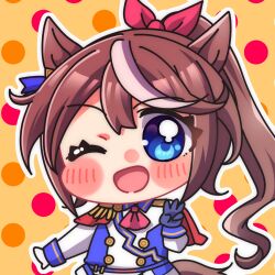  1girl animal_ears blue_eyes blush brown_hair capelet commentary_request dotted_background epaulettes hatsune_(pumpkin_pie) highres horse_ears horse_girl horse_tail one_eye_closed ponytail red_capelet shirt single_epaulette solo tail three-finger_salute tokai_teio_(peak_joy)_(umamusume) tokai_teio_(umamusume) umamusume upper_body white_shirt yellow_background 