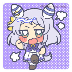  1girl angry animal_ears blush chibi commentary_request dotted_background full_body green_eyes grey_hair hatsune_(pumpkin_pie) hishi_miracle_(umamusume) horse_ears horse_girl horse_tail medium_hair pout purple_background school_uniform solo standing standing_on_one_leg tail tracen_school_uniform umamusume 