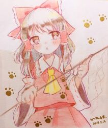  1girl :o ascot bow brown_eyes brown_hair collared_shirt commentary_request cowboy_shot dated detached_sleeves frilled_hair_tubes frilled_shirt_collar frills gohei hair_bow hair_tubes hakurei_reimu highres holding holding_gohei long_hair long_sleeves nig_18 paw_print red_bow red_ribbon red_shirt red_skirt ribbon ribbon-trimmed_sleeves ribbon_trim shirt skirt sleeveless sleeveless_shirt solo touhou traditional_media white_sleeves wide_sleeves wily_beast_and_weakest_creature yellow_ascot 