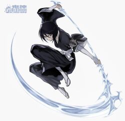  1girl absurdres armband artist_name black_hair black_hakama black_kimono bleach bleach:_sennen_kessen-hen closed_mouth cryokinesis hakama highres holding holding_scythe ice japanese_clothes kimono kishinuch kuchiki_rukia looking_at_viewer obi sandals sash scythe shihakusho socks solo tabi waraji watermark weapon white_sash white_socks 